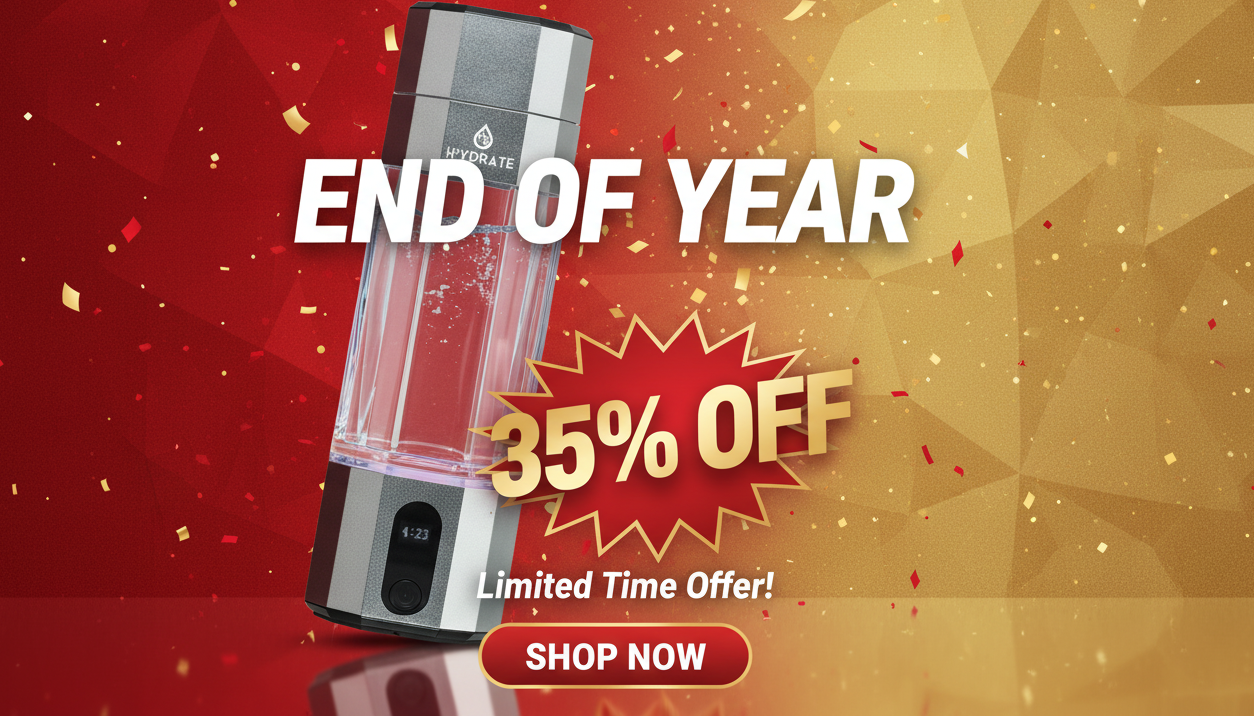 Promotional image of a hydrogen water with 'End of Year' sale text and discount offer on a red and gold background.
